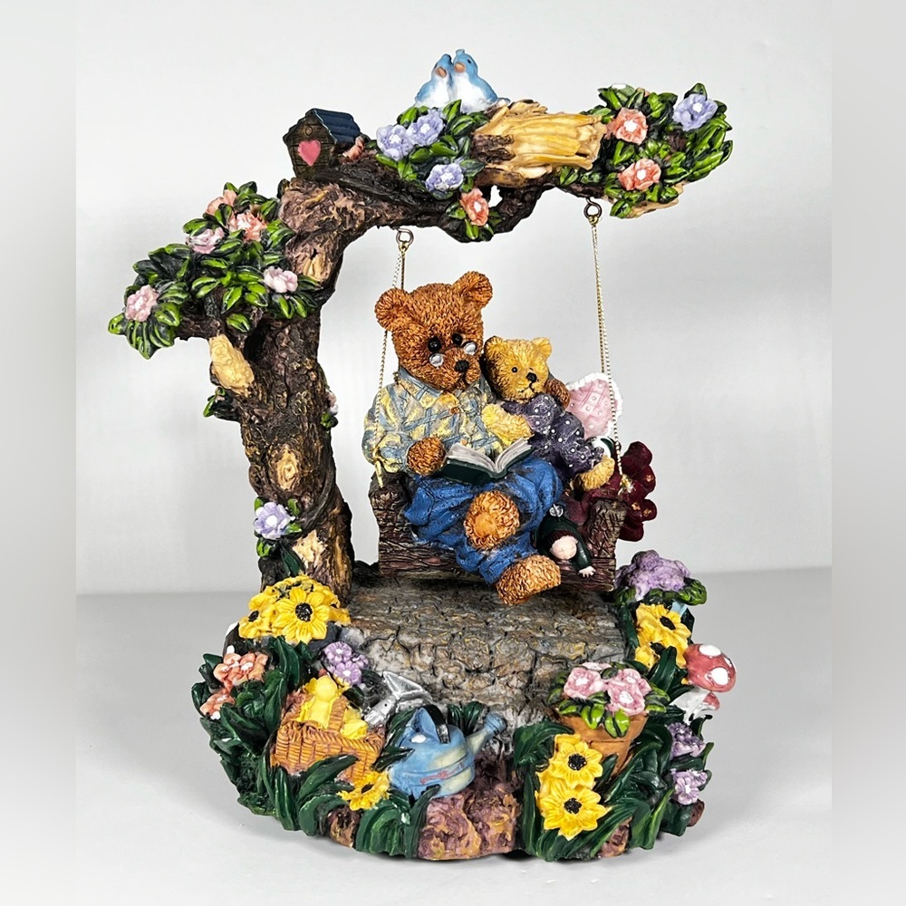 🎵 Teddy Bears on Tree Swing Musical Decor Figurine with Song Garden Flowers 🎵